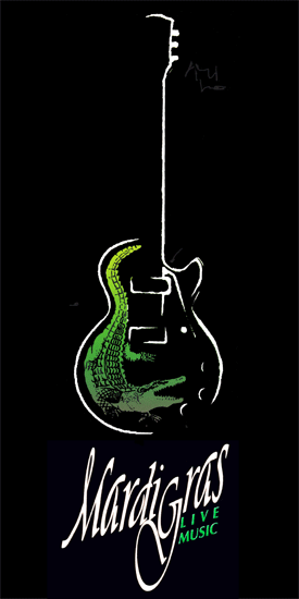 Logo de la entidad, que es una guitarra eléctrica con líneas blancas y el dibujo de un cocodrilo verde y debajo el nombre de la entidad Mardigras en color blanco. Todo sobre fondo negro.