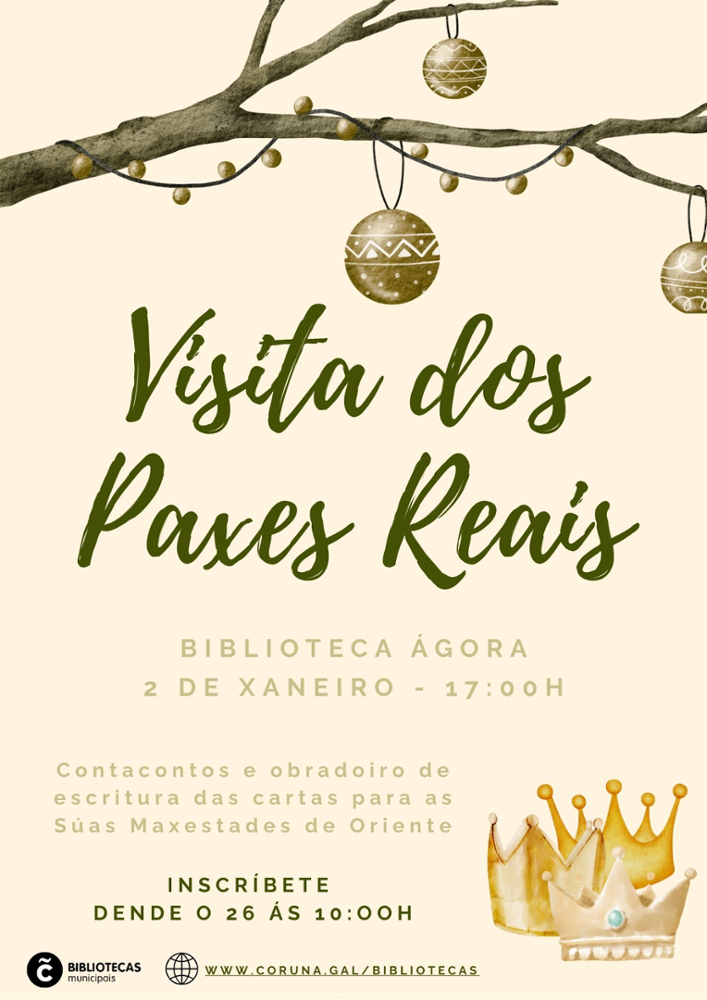 Cartel visita dos paxes reais e contacontos especial na Biblioteca Ágora