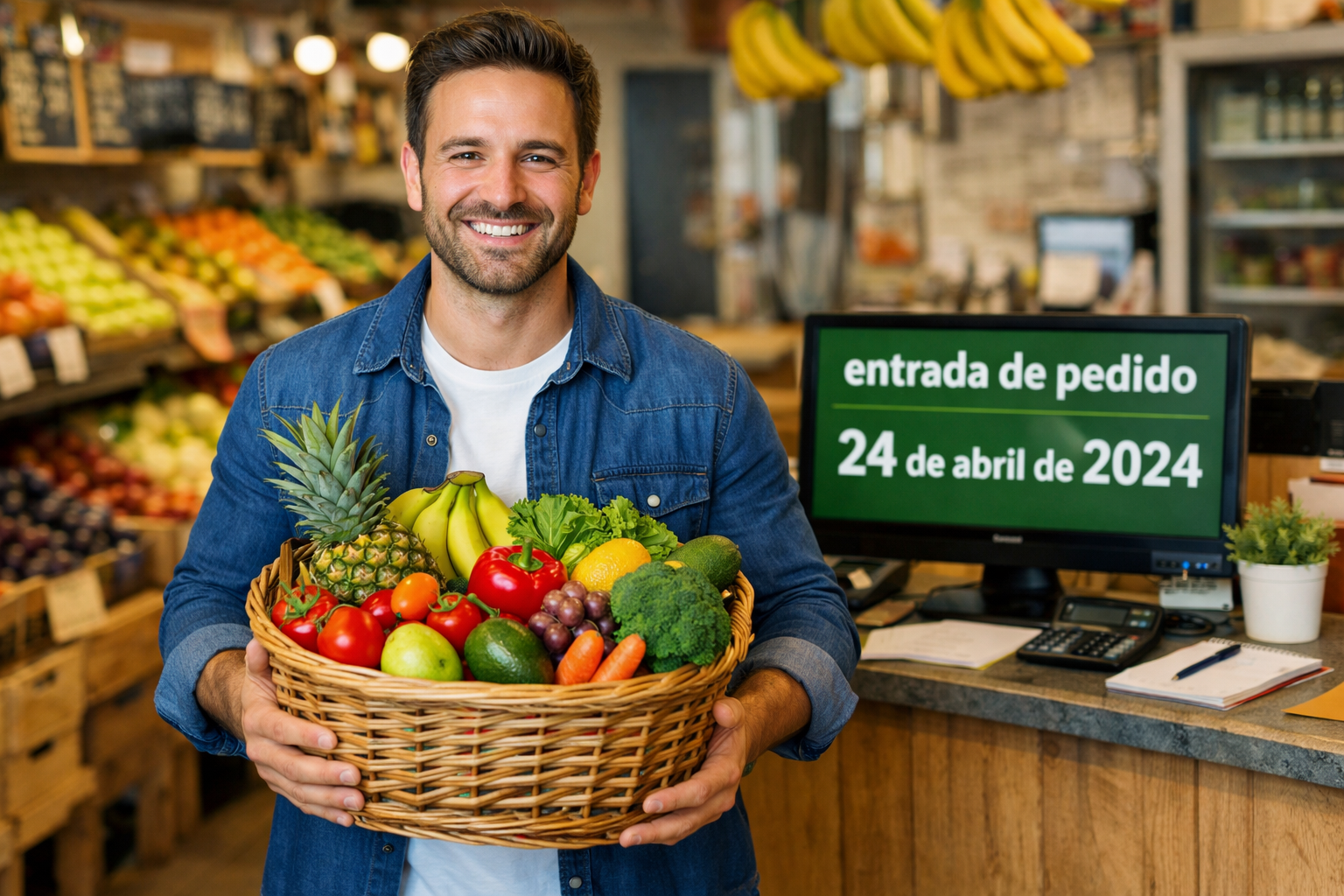 Hombre en frutería con una cesta en la mano