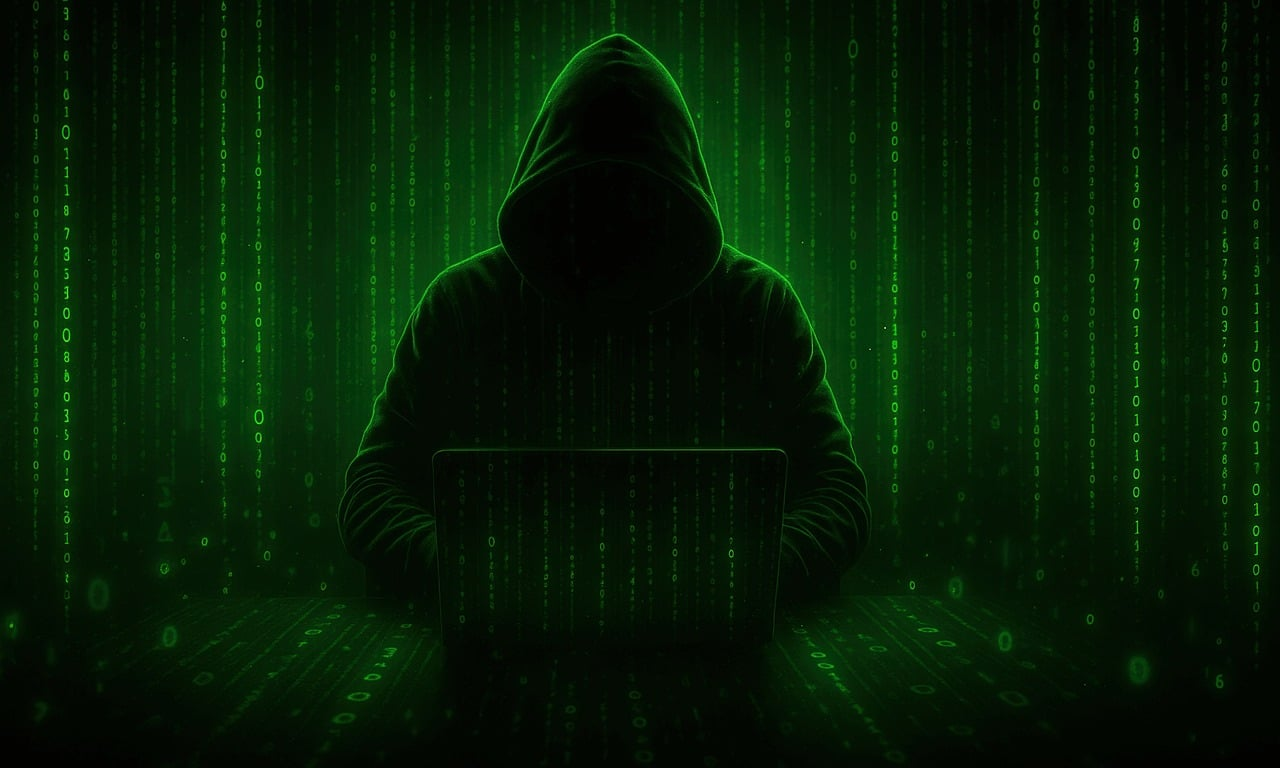 Imagen de encapuchado sobre fondo negro digital